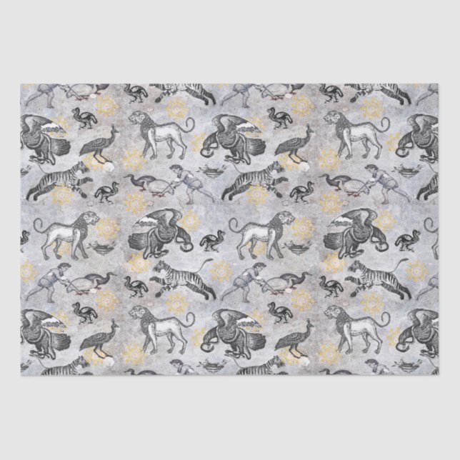 Elegant Mosaic Black White Gold Tiger Lion Eagle Tissue Paper (Front)