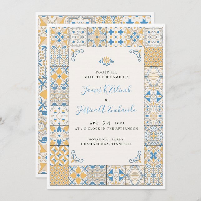 Elegant Mosaic Tile Illustrated Wedding Invitation (Front/Back)