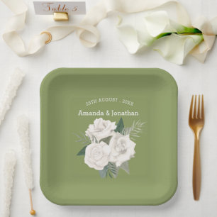 Elegant Moss Green and White Roses Wedding  Paper Plate