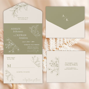 Elegant moss green wedding all in one invitation