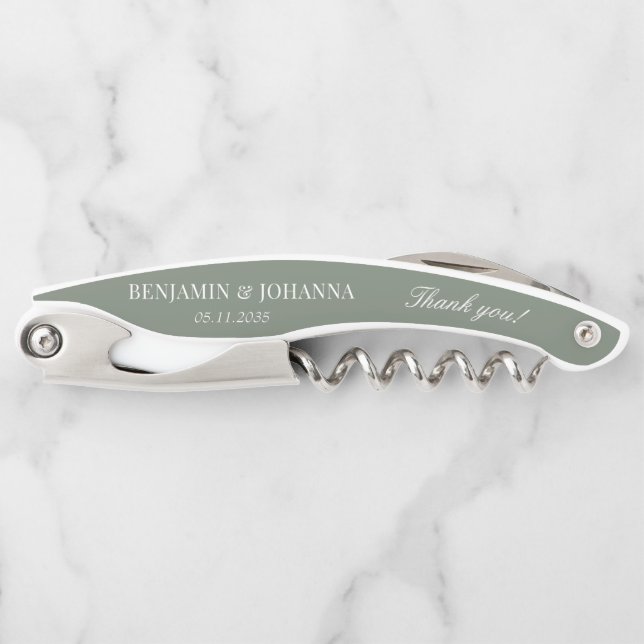 Elegant Moss Green Wedding Thank You Favours Corkscrew (Front)