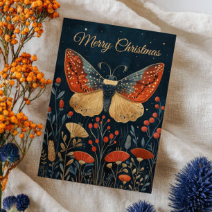 Elegant Moth Autumn Foliage Navy Blue Xmas Photo Card