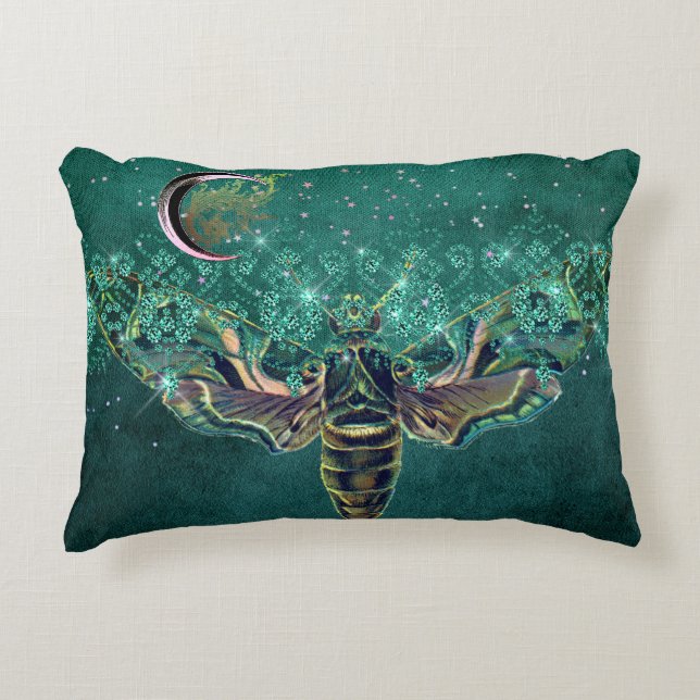 Elegant moth moon emerald night sparkle lace green decorative cushion (Front)