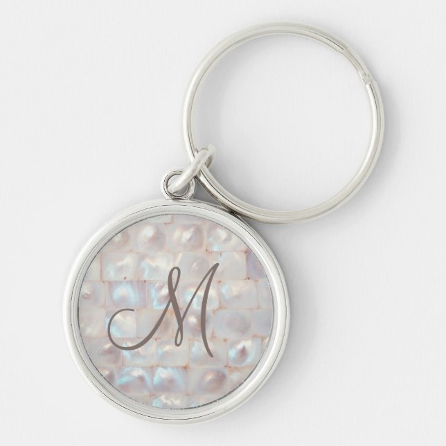 Elegant Mother of Pearl Monogrammed Keychain (Front)