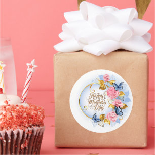 Elegant Mother’s Day I Pink Rose & Blue Butterfly Classic Round Sticker