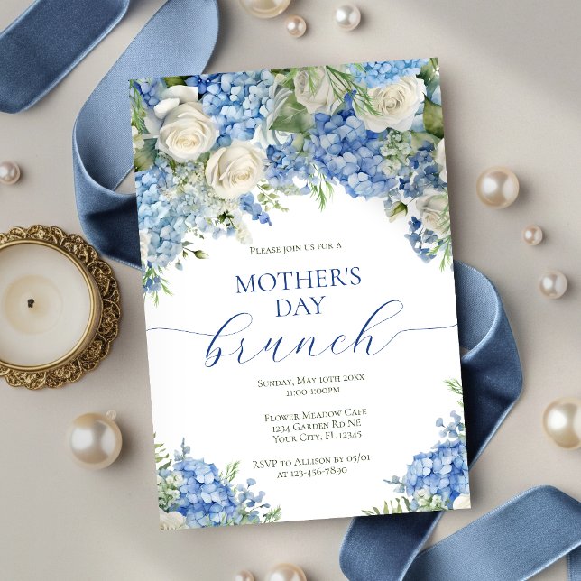 Elegant Mother's Day Brunch Blue Hydrangea Flowers Invitation (Creator Uploaded)