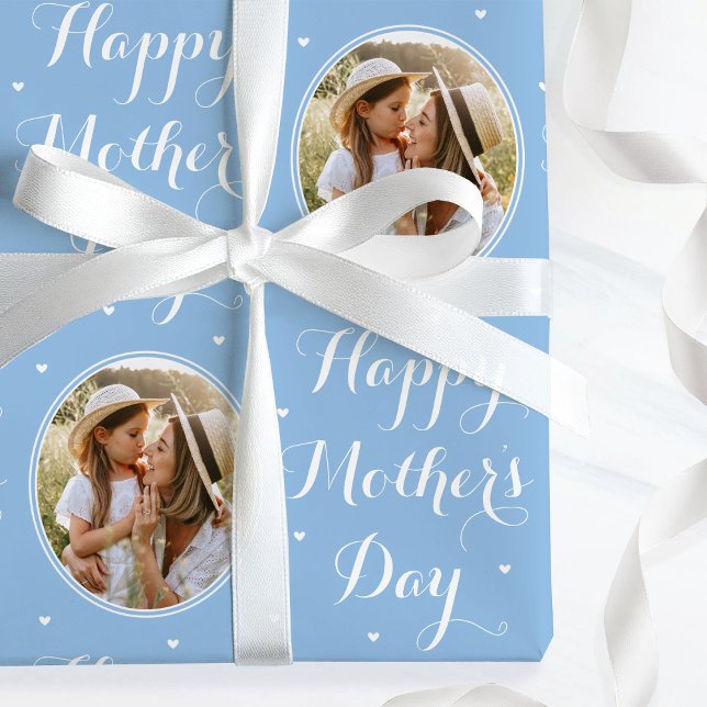 Elegant Mother's Day Custom Photo Blue White Wrapping Paper (Creator Uploaded)