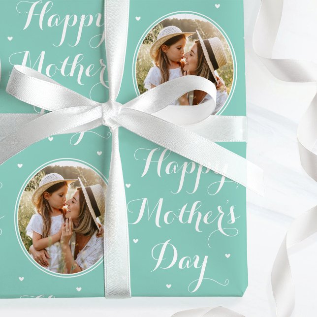 Elegant Mother's Day Custom Photo Mint Green Wrapping Paper (Creator Uploaded)