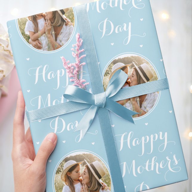 Elegant Mother's Day Personalised Photo Blue Wrapping Paper (Creator Uploaded)