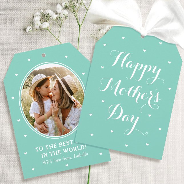 Elegant Mother's Day Photo Script Mint Green White Card (Creator Uploaded)