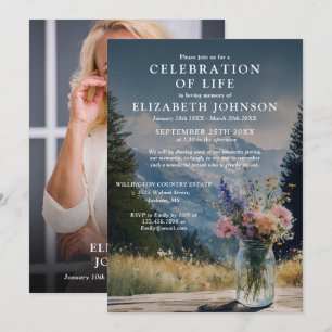 Elegant Mountain Floral Celebration Of Life Photo Invitation
