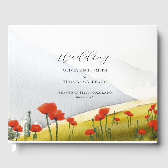 Elegant Mountain Poppy Field Rustic Floral Wedding Guest Book (Front)