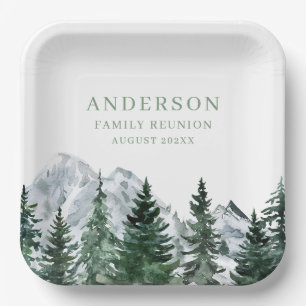 Elegant Mountain Watercolor Family Reunion  Paper Plate