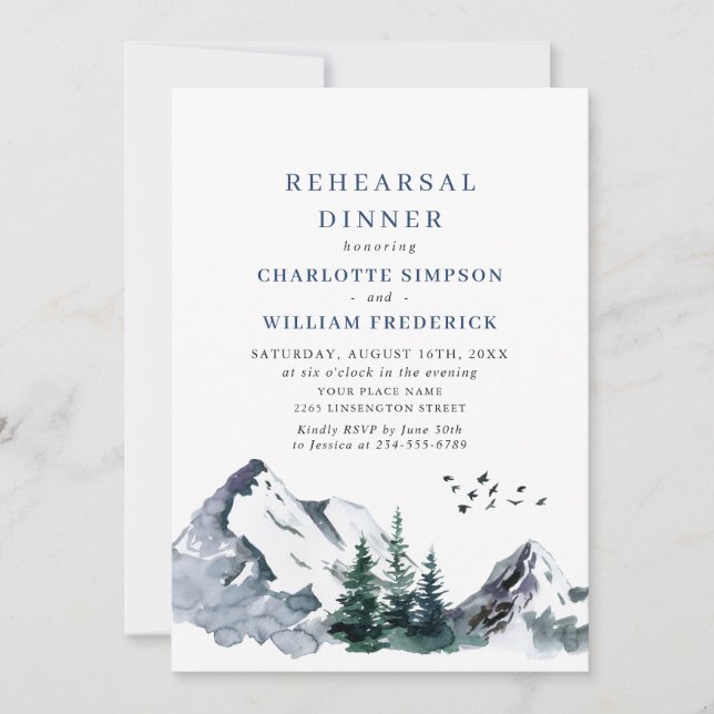 Elegant Mountains Forest Rehearsal Dinner QR code Invitation (Front)