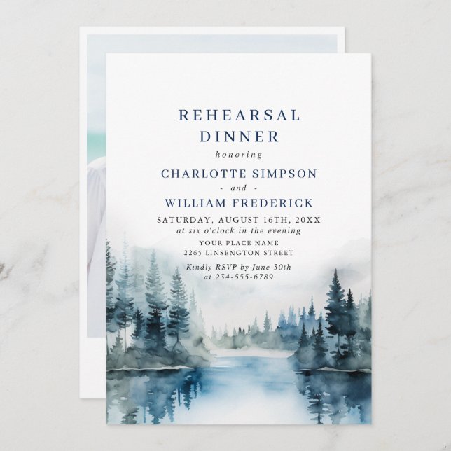 Elegant Mountains Forest Rehearsal Dinner QR code Invitation (Front/Back)