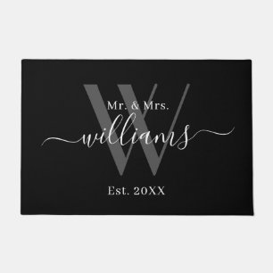 Elegant Mr And Mrs Black Grey Monogram Name Script Doormat