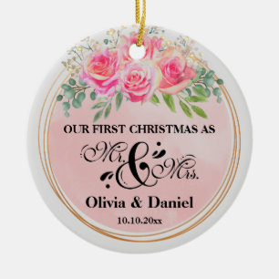Elegant Mr and Mrs Blush Pink Flowers Wedding Ceramic Tree Decoration