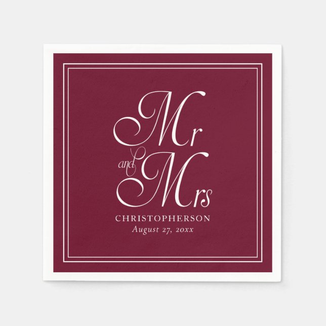 Elegant Mr and Mrs Burgundy Marsala Wedding Napkin (Front)