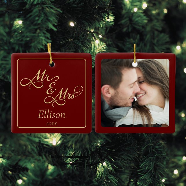 Elegant Mr and Mrs Ceramic Ornament (Mr and Mrs Christmas ornament for newlywed couples first christmas custom photo script calligraphy)
