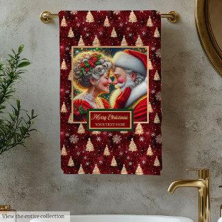 Elegant Mr. and Mrs. Claus Gold Trees Bath Towel
