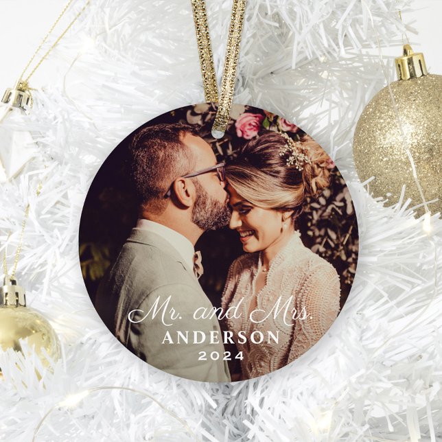 Elegant Mr and Mrs Custom Wedding Photo Monogram Ornament (Creator Uploaded)