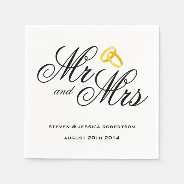 Elegant Mr and Mrs gold wedding ring napkins (Front)