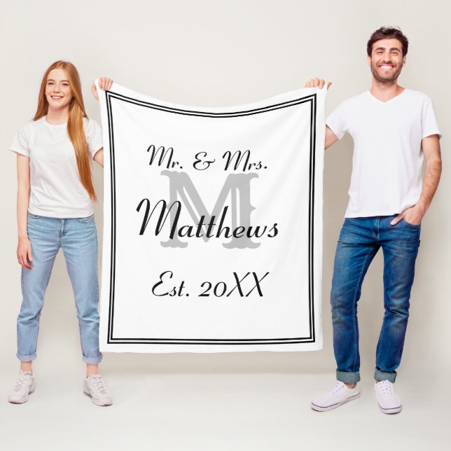Elegant Mr and Mrs Monogram White Fleece Blanket (In Situ)