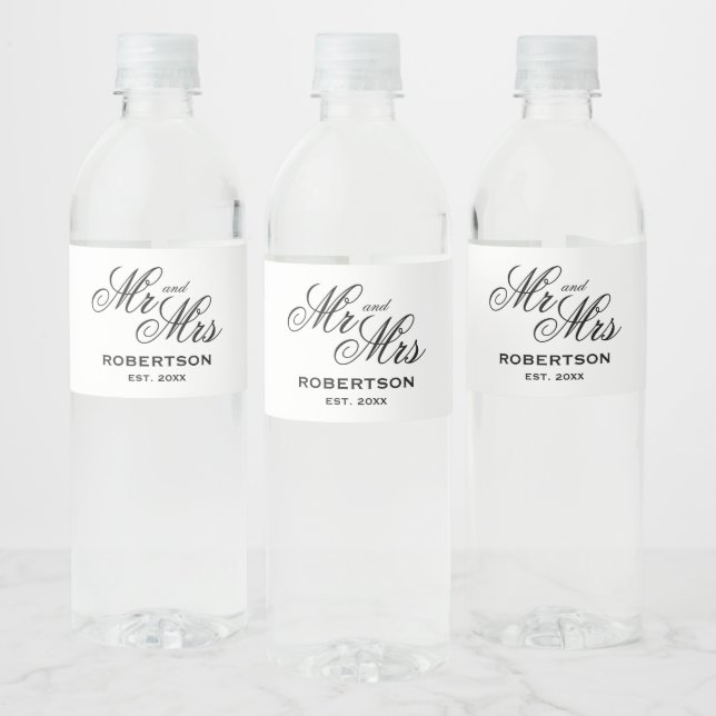 Elegant Mr and Mrs name wedding bridal shower Water Bottle Label (Bottles)