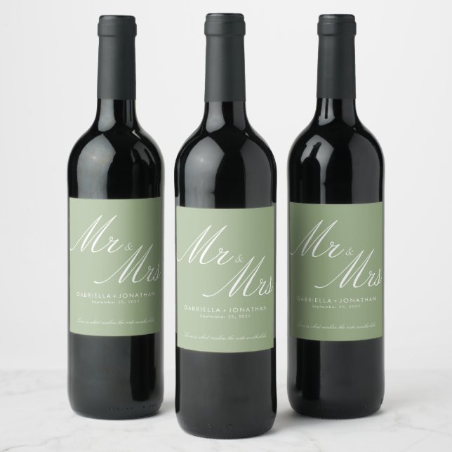 Elegant Mr and Mrs Sage Green White Wedding Wine Label (Bottles)