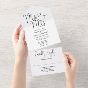 Elegant Mr And Mrs Script Black And White Wedding All In One Invitation