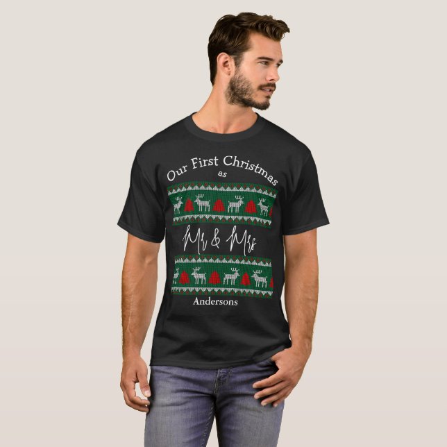 Elegant Mr and Mrs Script Couples Christmas T-Shirt (Front Full)