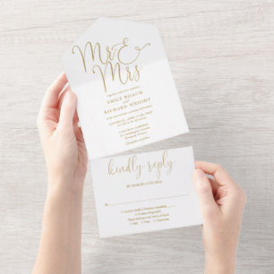 Elegant Mr And Mrs Script Gold Wedding All In One Invitation