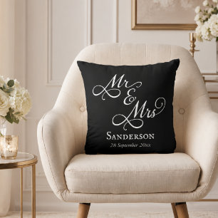 Elegant Mr and Mrs Wedding Black Cushion