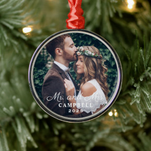 Elegant Mr. and Mrs. Wedding Photo White Monogram Metal Tree Decoration
