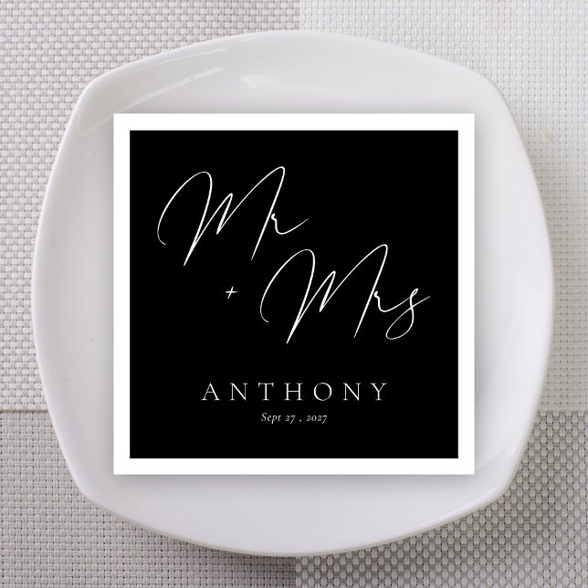 Elegant Mr & Mrs Black and White Script Wedding Napkin (Elegant Mr & Mrs Black and White Script Wedding Napkins)