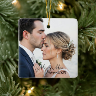 Elegant Mr. & Mrs. Custom Wedding Photo Monogram  Ceramic Ornament
