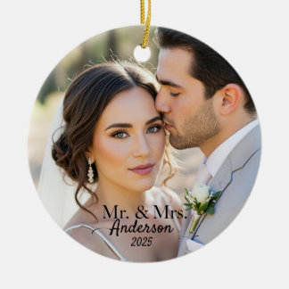 Elegant Mr & Mrs Custom Wedding Photo Monogram Ceramic Tree Decoration
