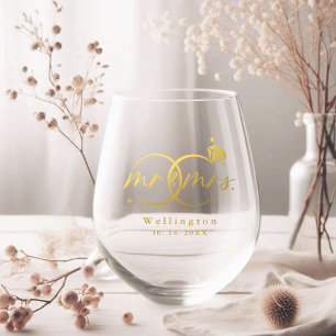 Elegant Mr & Mrs Gold Calligraphy Wedding Stemless Wine Glass