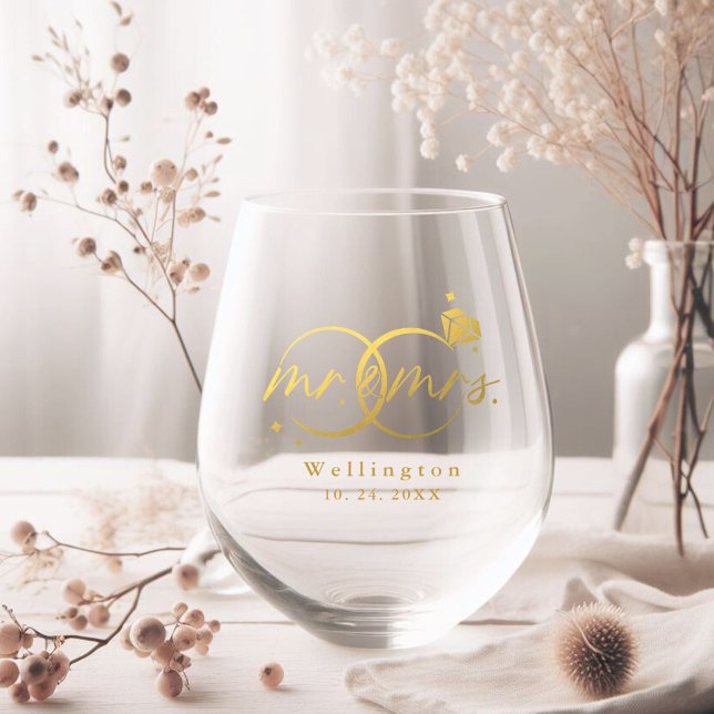 Elegant Mr & Mrs Gold Calligraphy Wedding Stemless Wine Glass (Creator Uploaded)