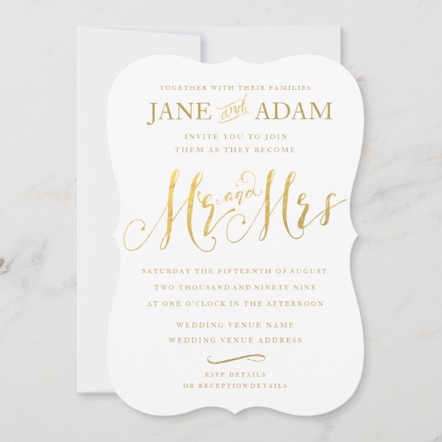 Elegant Mr & Mrs Gold Typography Wedding Invite (Front)