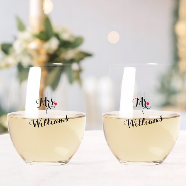 Elegant Mr Mrs Newlyweds Couple Honeymoon Wedding Stemless Wine Glass (Elegant Mr Mrs Newlyweds Couple Honeymoon Wedding Stemless Wine Glass)