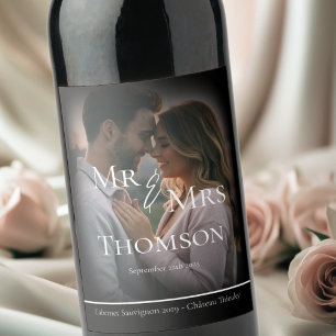 Elegant Mr & Mrs photo black winter wedding Wine Label