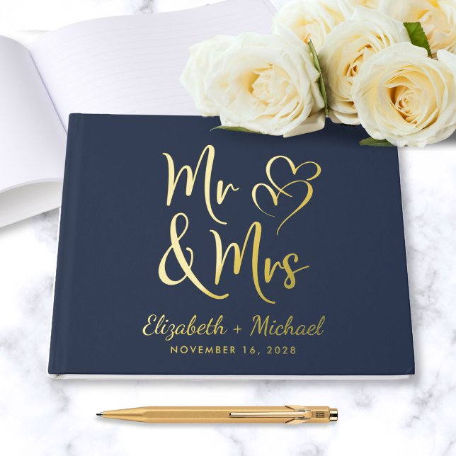 Elegant Mr Mrs Photo Blue Wedding Guest Book (Creator Uploaded)