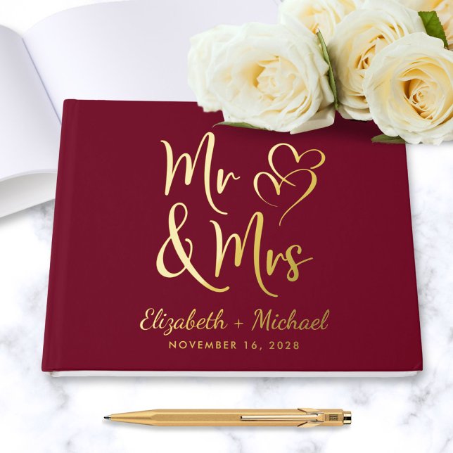 Elegant Mr Mrs Photo Burgundy Wedding Guest Book (Creator Uploaded)