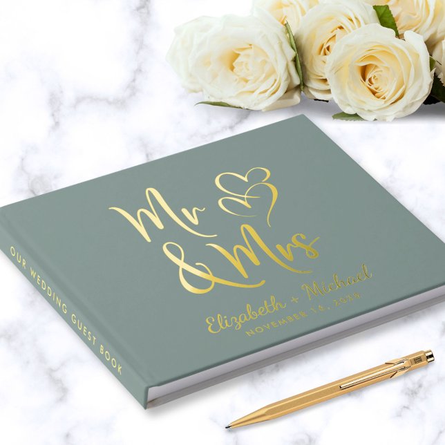 Elegant Mr Mrs Photo Sage Green Wedding Guest Book (Creator Uploaded)
