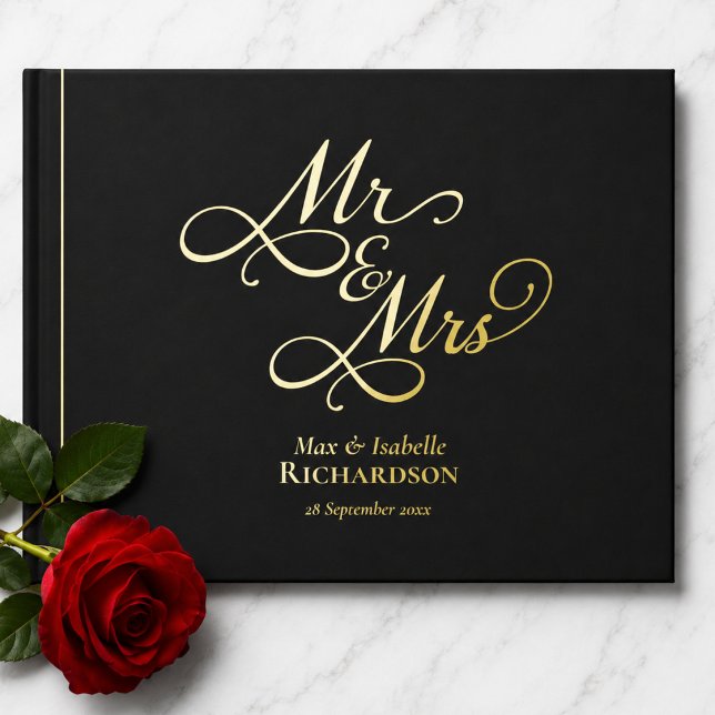 Elegant Mr Mrs Wedding Foil Guestbook (elegant script black gold foil mr and mrs wedding guestbook with custom names and wedding date)
