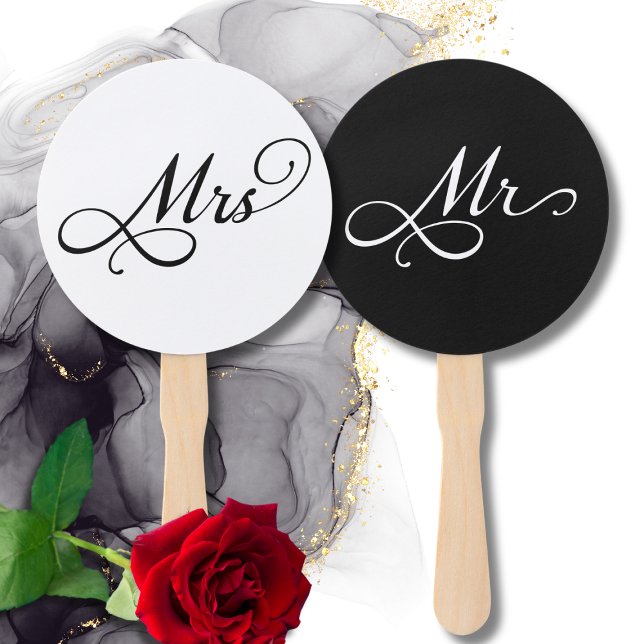 Elegant Mr Mrs Wedding Game Hand Fan (elegant black and white Mr and Mrs wedding game hand fan,calligraphy script typography wedding favor)