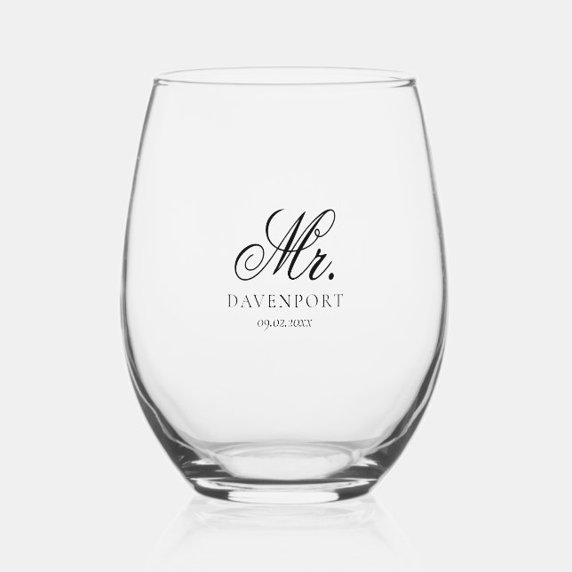 Elegant Mr. & Mrs. Wedding Keepsake Gift Stemless Wine Glass (Front)