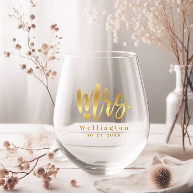 Elegant Mrs. Gold Calligraphy Heart Wedding Stemless Wine Glass (Creator Uploaded)