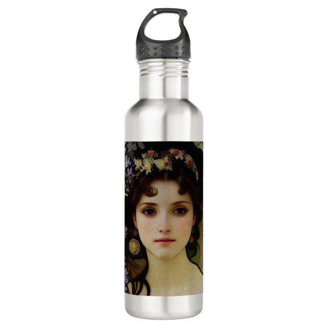 Elegant Mucha Style Portrait of a Beautiful Woman 710 Ml Water Bottle (Front)